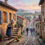 Village woman sweeping while four hikers walk downhill; Claude Monet signature